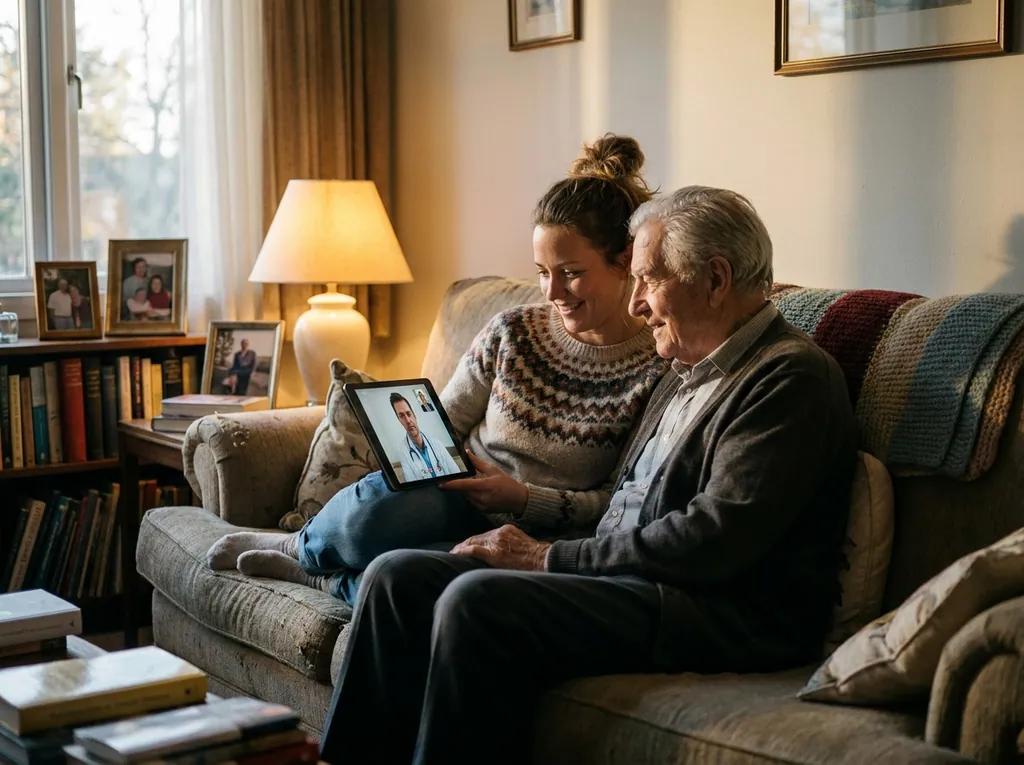 A daughter and her father on a video call with their NINE doctor